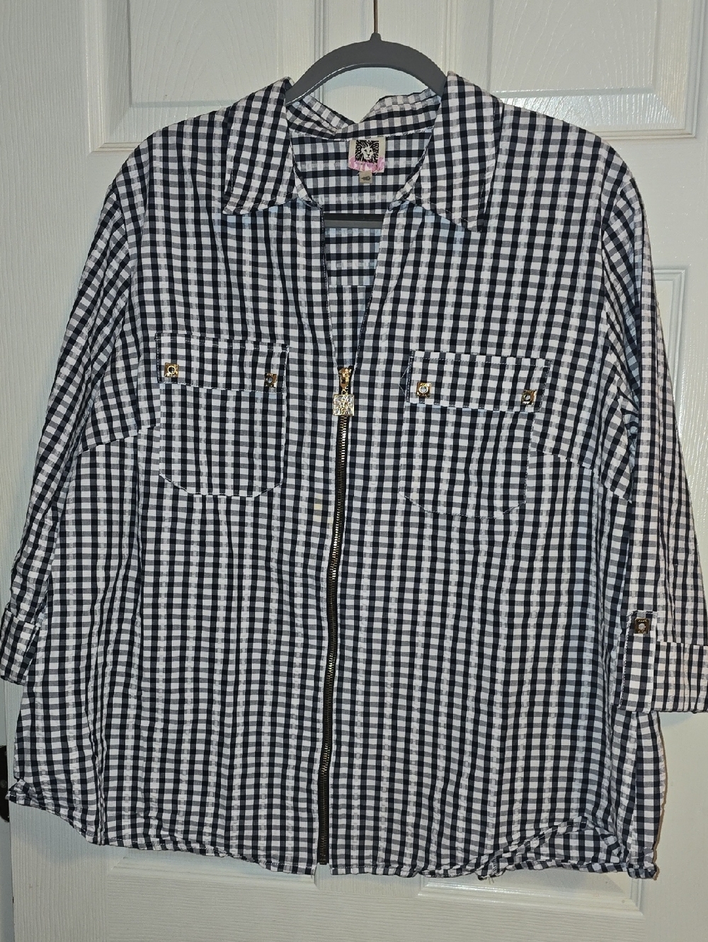 Anne Klein Black & White‎ Gingham Zip-Front Utility Jacket